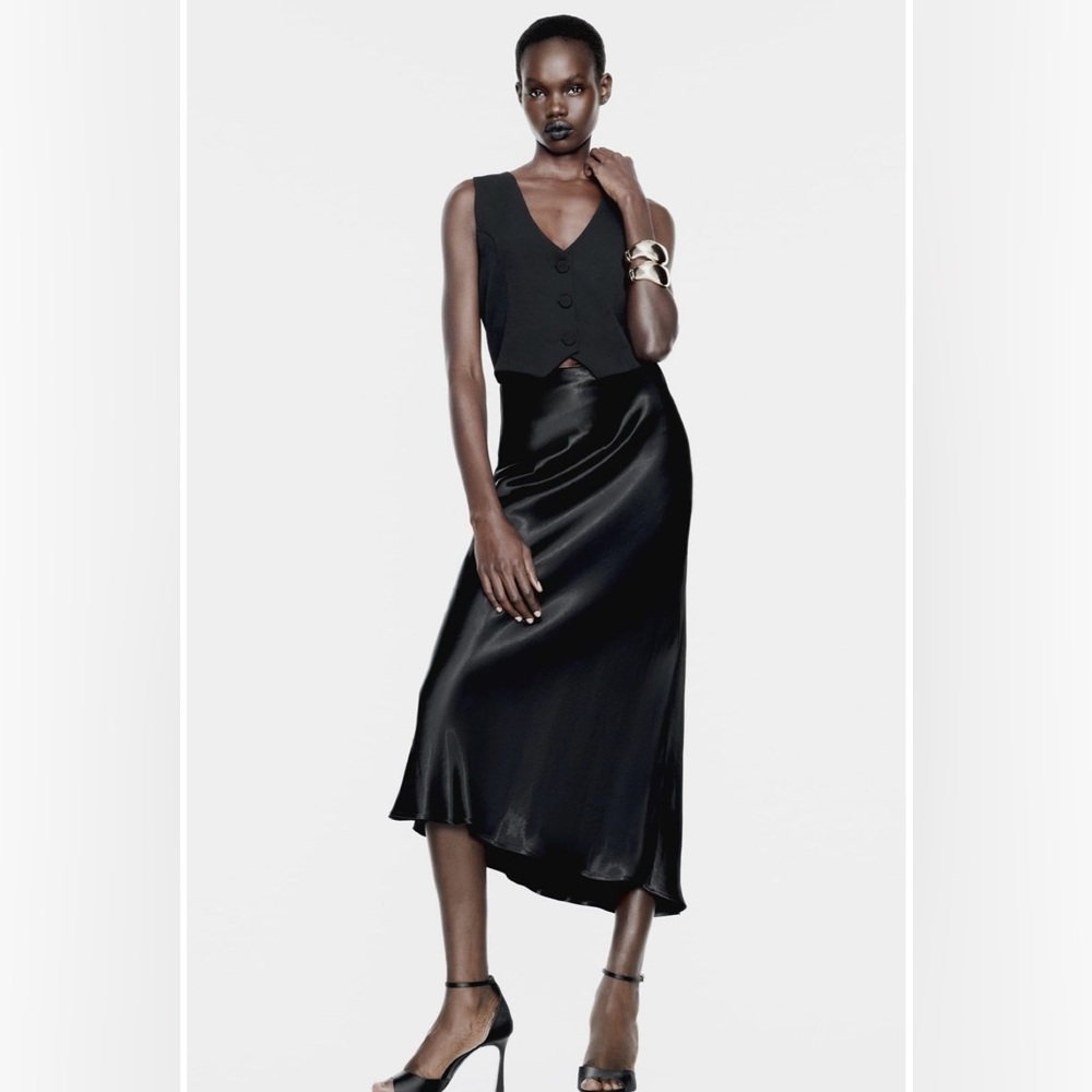 Zara Black Satin Midi Skirt